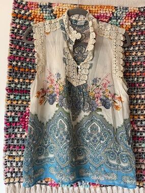 Bila Floral Paisley Lace-Trim Sleeveless Camisole - White/Blue/Green